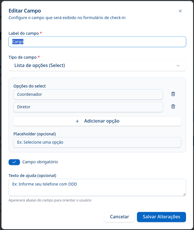 Tela de criação de campo de lista de seleção