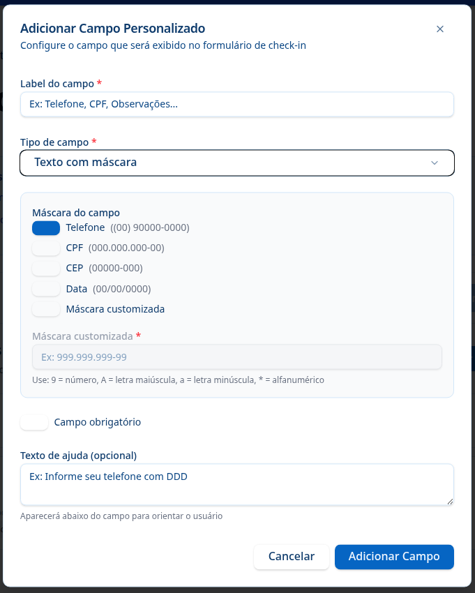 Tela de criação de campo com máscara