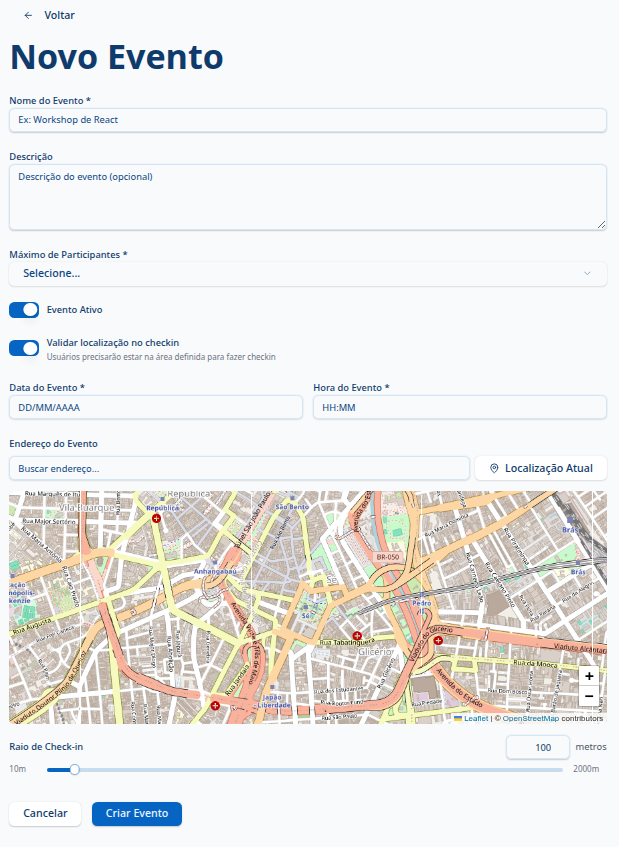 Tela de criação de evento